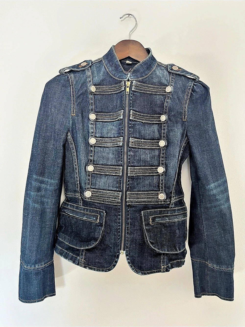 bebe Dark Blue Denim Military-Style Jacket